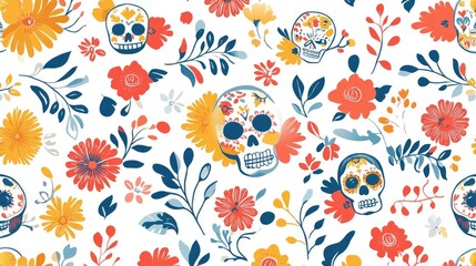 Pattern Illustration of Mariachi Music Elements, Skulls, and Flowers in Traditional Mexican Art Style