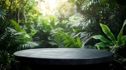  Tabletop on jungle background for product presentation. Empty black concrete countertop outdoors in forest
