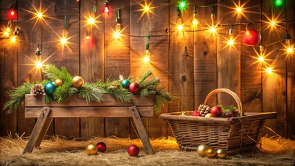 Christmas scene with wooden manger and bright decorations for holiday festivities