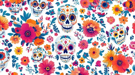 Fototapeta premium Pattern Illustration of Mariachi Music Elements, Skulls, and Flowers in Traditional Mexican Art Style