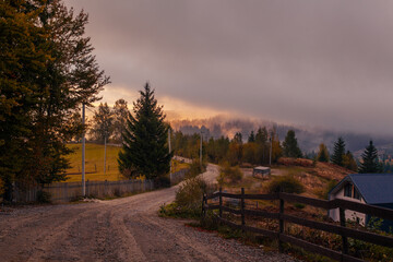 Sunrise misty morning taken in Carpathian mountains, Ukraine