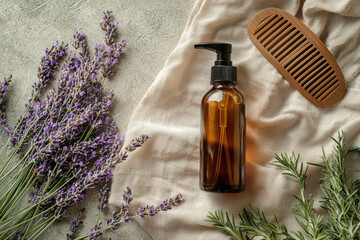 A spray bottle of hair mist is elegantly placed on linen cloth, surrounded by fresh lavender and rosemary. calming colors and natural elements create serene atmosphere