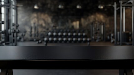 Tabletop in the gym for product presentation. Black empty concrete countertop mockup
