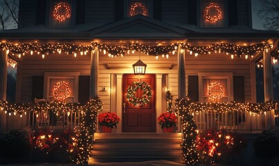 Obraz premium Festive American Home Adorned with Christmas Cheer, AI generated illustration