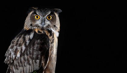 Obraz premium Majestic Eurasian Eagle Owl with Striking Yellow Eyes Perched on a Branch Against a Deep Black Background, Displaying its Feathered Tufts and Impressive Plumage Halloween Themed Design