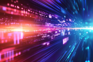 Fototapeta premium A vibrant burst of digital light trails soaring through a futuristic cityscape at twilight, creating a mesmerizing visual experience. Generative AI