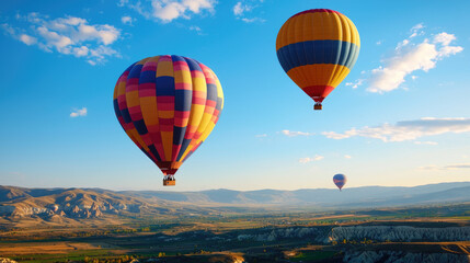 Fototapeta premium Colorful hot air balloons soaring in a clear blue sky, above picturesque valleys and distant hills, capturing the essence of adventure.