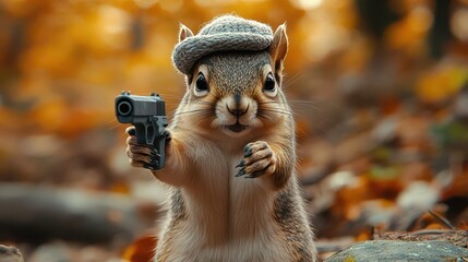Obraz premium squirrel donning a whimsical hat and brandishing a toy gun set against a vibrant forest backdrop adding a playful twist to wildlife imagery
