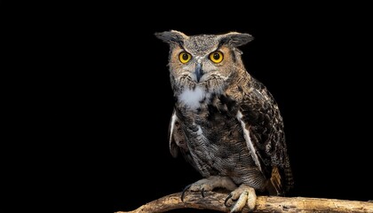 Obraz premium Majestic Eurasian Eagle Owl with Striking Yellow Eyes Perched on a Branch Against a Deep Black Background, Displaying its Feathered Tufts and Impressive Plumage Halloween Themed Design
