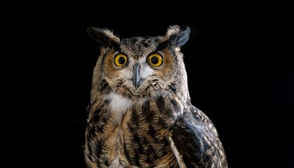 Obraz premium Majestic Eurasian Eagle Owl with Striking Yellow Eyes Perched on a Branch Against a Deep Black Background, Displaying its Feathered Tufts and Impressive Plumage Halloween Themed Design