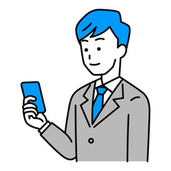 右手に持ったスマートフォンを見ているスーツの男性