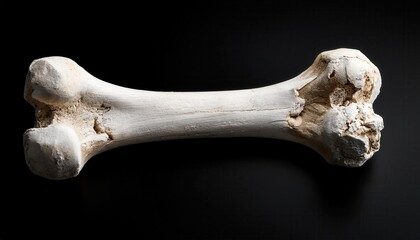 Fototapeta premium Close-Up of a Weathered Animal Femur Bone with Eroded Epiphyses on a Black Background, Showing Surface Texture and Structural Degradation. Halloween Themed Design 
