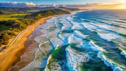 Fototapeta premium Aerial view of majestic ocean waves crashing onto sandy beach with beautiful coastal scenery