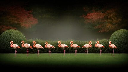 Naklejka premium Colorful flamingos gather in a vibrant grassy space, showcasing their elegance among the surrounding greenery and trees during a tranquil moment in nature