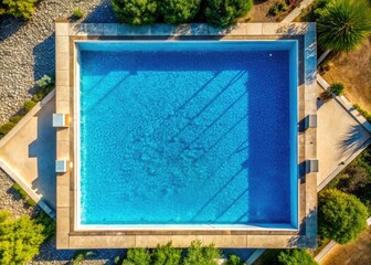 Overhead Drone View of Crystal Clear Blue Water in a Swimming Pool Under Bright Sunlight Reflection