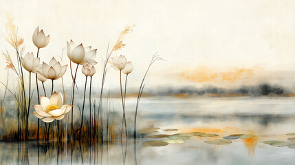 A traditional Chinese landscape featuring a calm pond filled with lotus flowers, set against an off-white background with light gray line textures. The old paper texture and Song d
