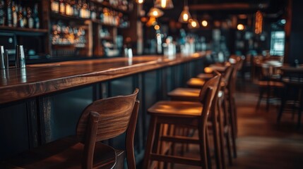 Cozy Bar with Dark Wooden Counter and High Chairs, Blurred Interior in the Background
