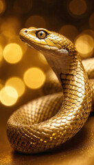 Fototapeta premium Golden snake on gold background with bokeh lights