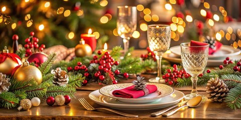 Festive Christmas table setting with elegant decorations and fine dinnerware