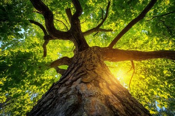Naklejka premium A towering tree viewed from below with sunlight illuminating green leaves warmly.