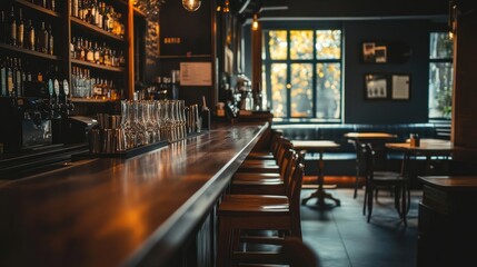 Cozy Bar with Dark Wooden Counter and High Chairs, Blurred Interior in the Background