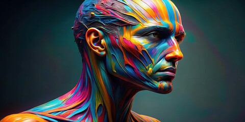 Colorful abstract head sculpture with vibrant paint streaks in rendering for design inspiration