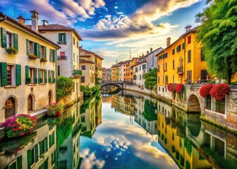 Obraz premium Picturesque canals and historic architecture in Treviso, Italy, showcasing the charm of Italian cities