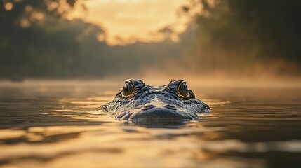 Close-up of an alligator in a misty water setting.