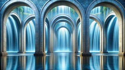 Symmetrical waterfalls flowing through geometric arches in artistic representation
