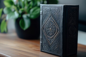 A beautifully detailed antique book on a wooden table beside a vibrant green plant, creating a cozy and inviting atmosphere.