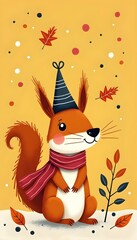 Naklejka premium A playful squirrel dressed warmly enjoys the autumn atmosphere, with colorful leaves around