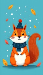 A spirited squirrel is dressed warmly, sitting amid colorful autumn leaves and gentle snowflakes