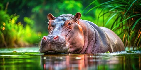 Fototapeta premium Playful Pink Hippopotamus in a Serene Water Environment Surrounded by Lush Greenery and Nature