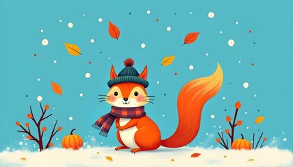 Naklejka premium A cheerful cartoon squirrel in a hat and scarf stands among colorful autumn leaves and pumpkins