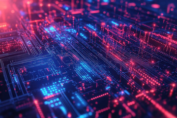 Fototapeta premium Exploring intricate patterns of a vibrant digital circuit board illuminated by glowing blue and red lights at night. Generative AI