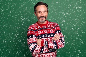 Photo portrait bearded man in sweater smiling with crossed hands isolated pastel green color background