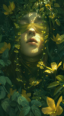 Ethereal Beauty: Blindfolded Woman with Green Leaves and Yellow Blooms