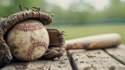 Closeup of wornout baseball gear mitt, bat, ball on a dugout bench during a tournament, baseball, tournament, gear