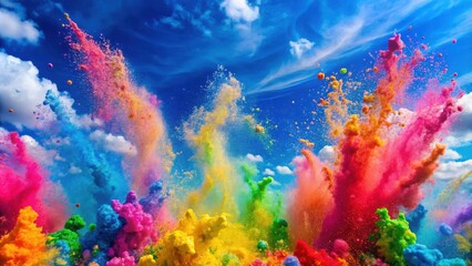 Colorful holi powder splashes against a vibrant blue sky backdrop in 169 format
