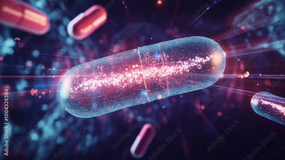Poster a futuristic capsule floats through a vibrant digital environment, revealing glowing particles that 