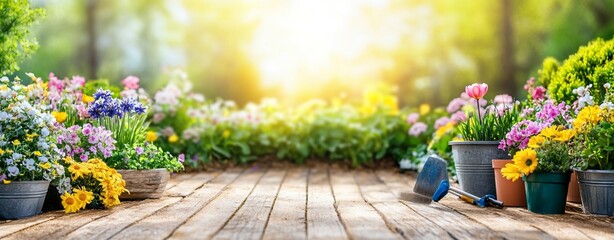 Gardening Background with Flowers and Tools on a Sunny Spring Day, AI generated illustration