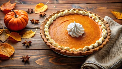 Homemade pumpkin pie with whipped cream on rustic table for autumn holidays