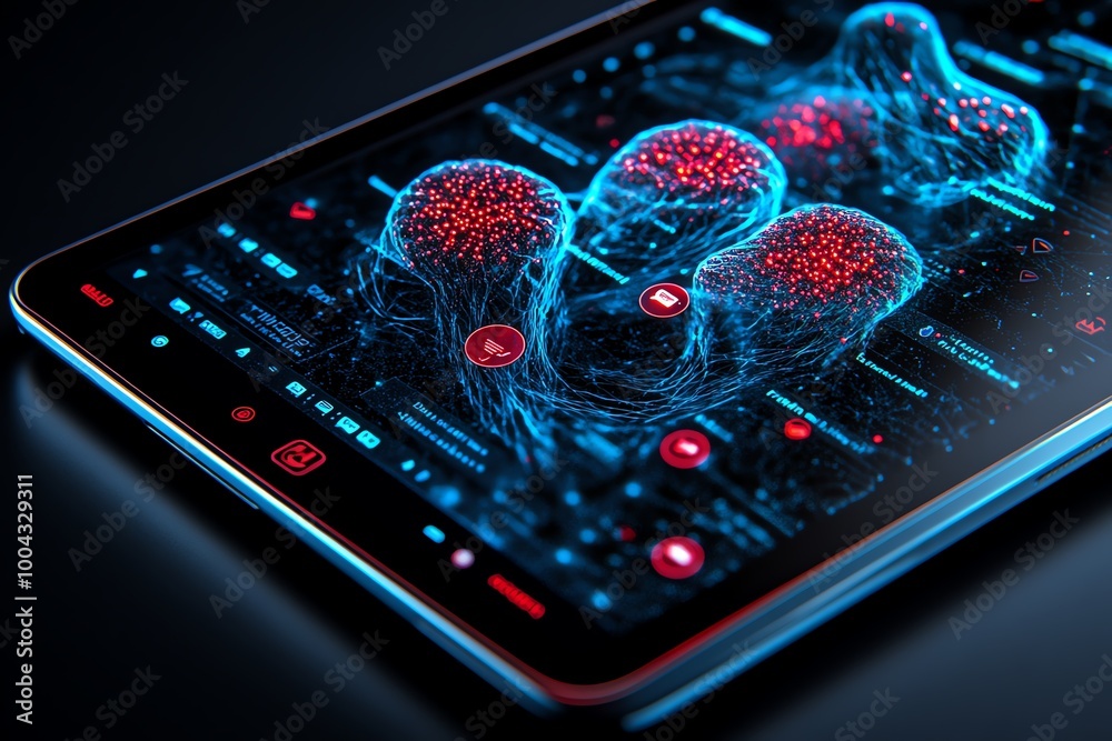 Fototapete 3D-rendered close-up of a tablet displaying anonymous messages, with fully modeled encrypted data, chat bubbles, and user interface elements