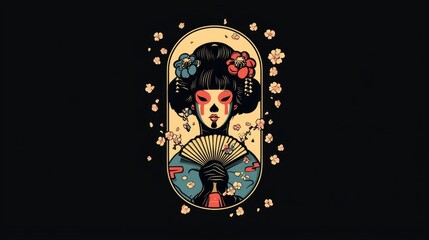 Geisha with Fan and Cherry Blossoms Illustration