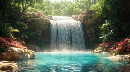 stunning view of a hidden natural waterfall cascading into a serene pool surrounded by lush greenery evoking a sense of peace and connection with nature
