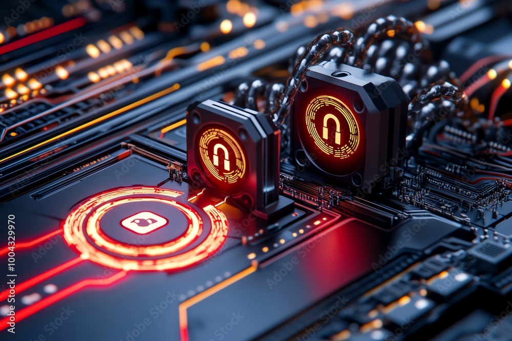 Fototapete 3D-rendered encrypted data stream flowing between devices, with fully modeled encryption locks and anonymous user symbols in a dynamic, digital environment