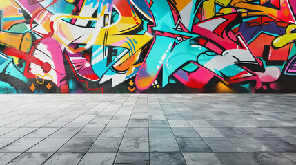 An empty interior background with colorful abstract graffiti on fron wall