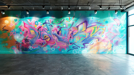 An empty interior background with colorful abstract graffiti on fron wall