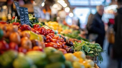 Vibrant Farmers' Market with Fresh Produce Stalls and Blurred Shoppers in the Background
