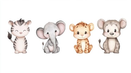 Obraz premium Cute baby jungle animals in soft watercolor style on white, creating a gentle and playful design.